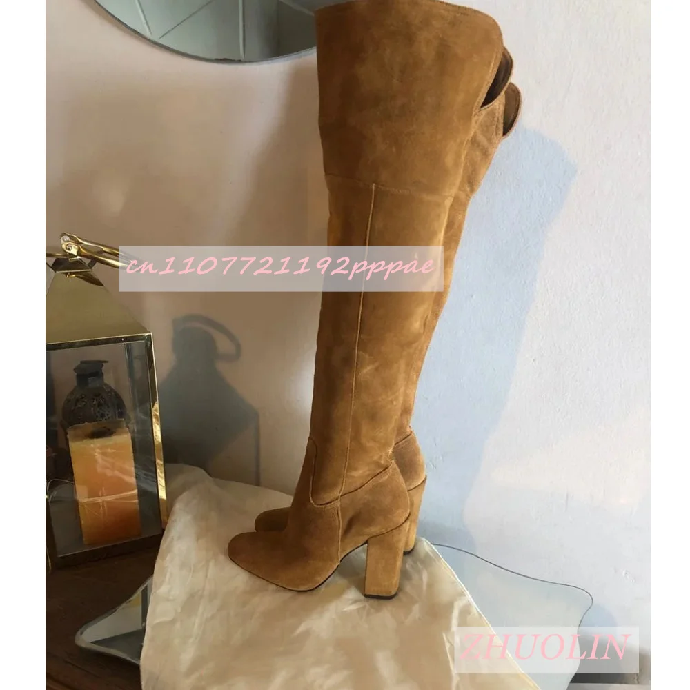 

Winter Suede Retro Brown Thick Heel Boots Side Zipper Straight Over-The-Knee Boots Women'S Splicing Comfortable Stretch Boots 46