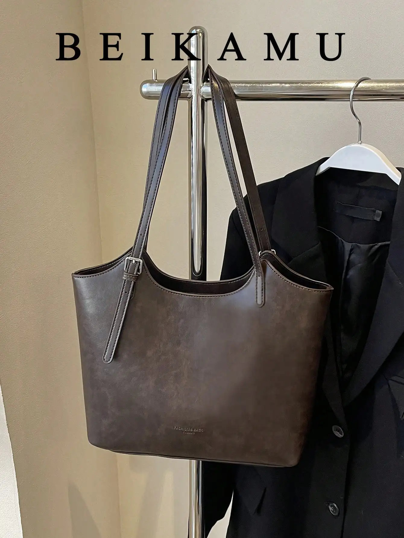 New Solid Color Retro PU Tote Bag, Large Capacity Adjustable Double Handle Versatile Shoulder Bag Underarm Bag, Suitable For University, Commuting, Shopping, Street Shopping, Daily Use (No Pendant) sg260729182921437272910