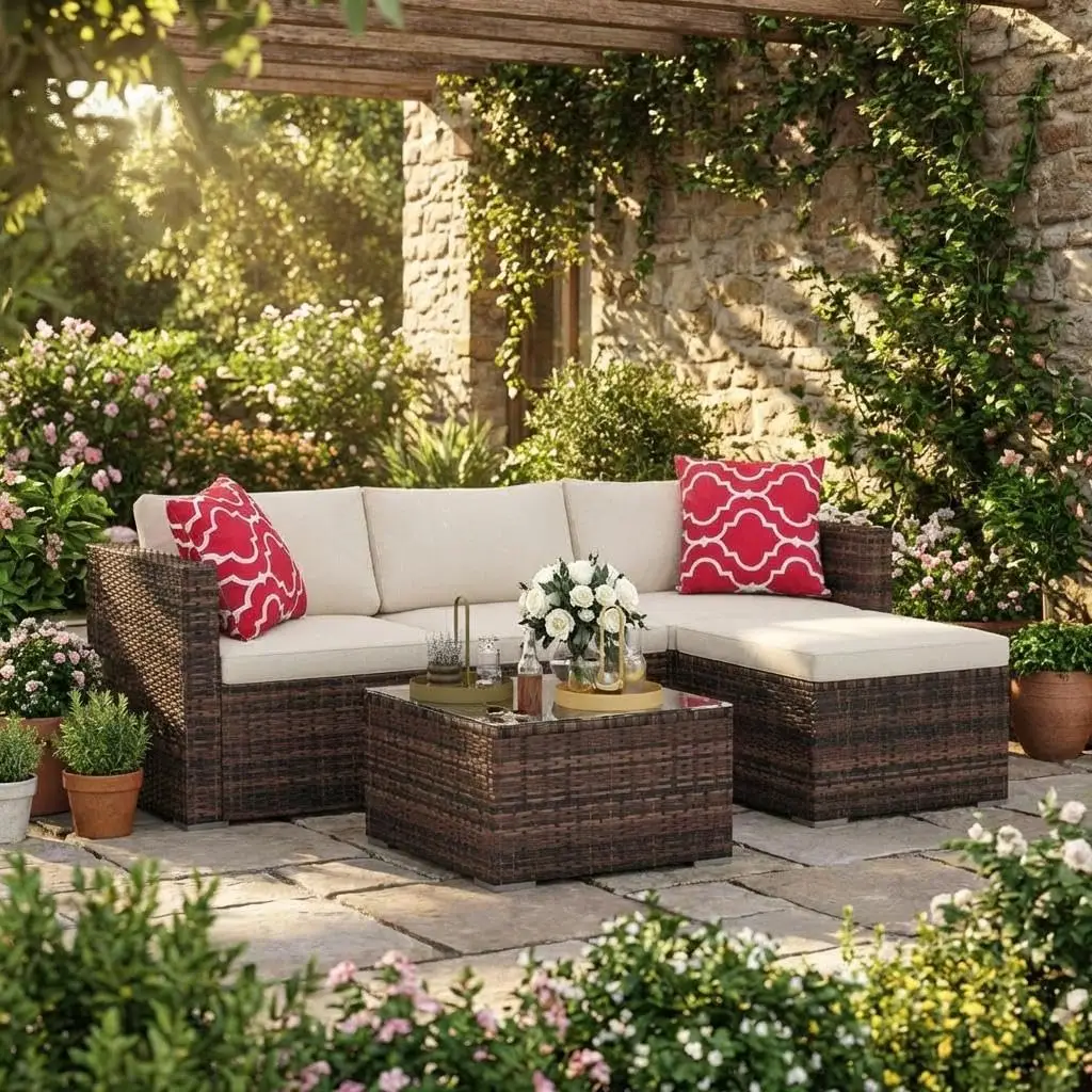 5 Piece L Shaped Outdoor Patio Furniture Set PE Rattan Sectional Sofa Kit With Cushions Tempered Glass Table Steel Frame Convers