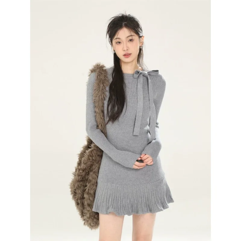 

Women's Knit Sweater Dress Slim-fitting Long-sleeved Dress Bowknot for Inner Wear A Black Elegant Dress