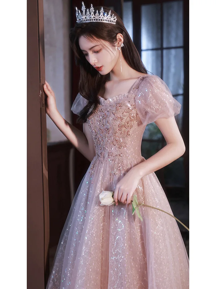 French Elegant Square Neck Evening Dress Delicate Beaded Sparkling Sequined Tulle Floor-length Graduation Gowns For Women