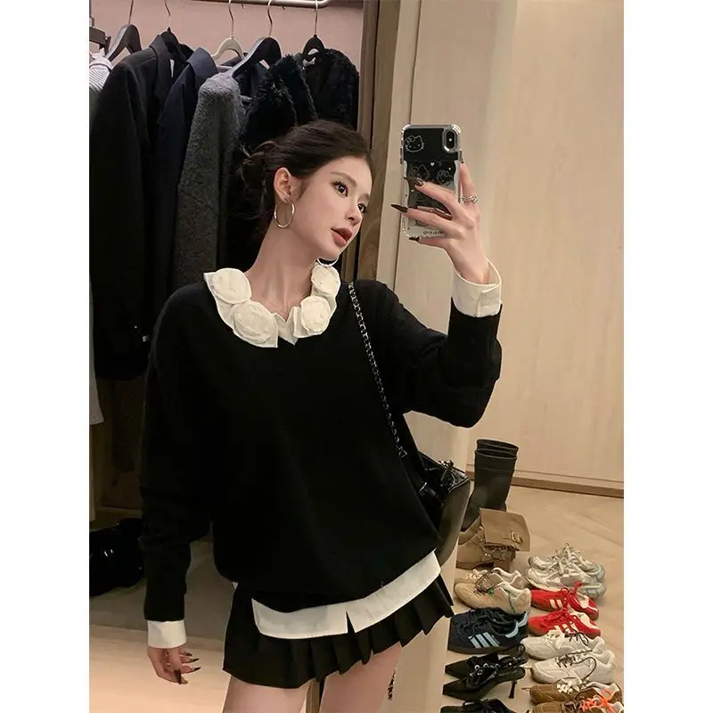 

Korejpaa 2025 Autumn Women Shirt French Style Crew Neck 3D Flower Collar White Shirts Top Long Sleeve Elegant Tops Mujer