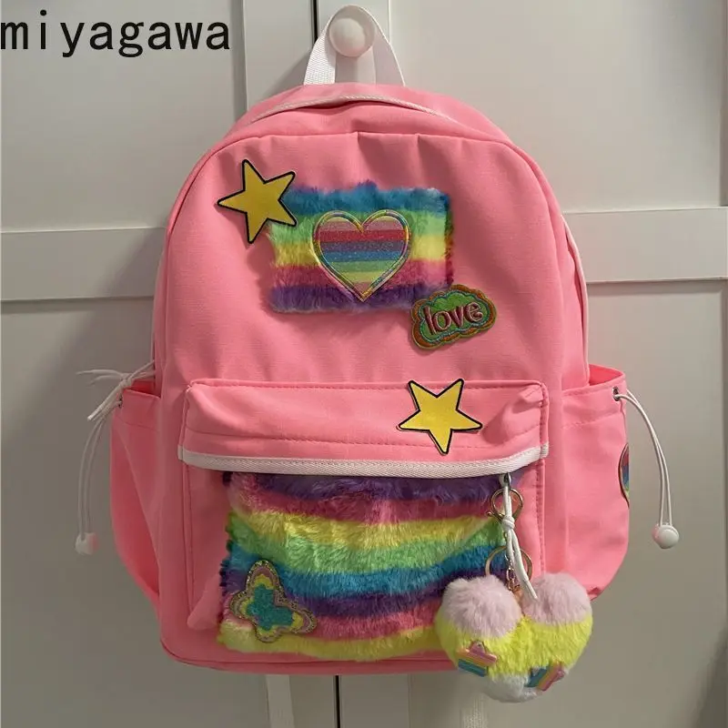 

Miyagawa Pink Book Bag Sweet and Spicy Little Girl Autumn and Winter Rainbow Plush Backpack with Large Capacity