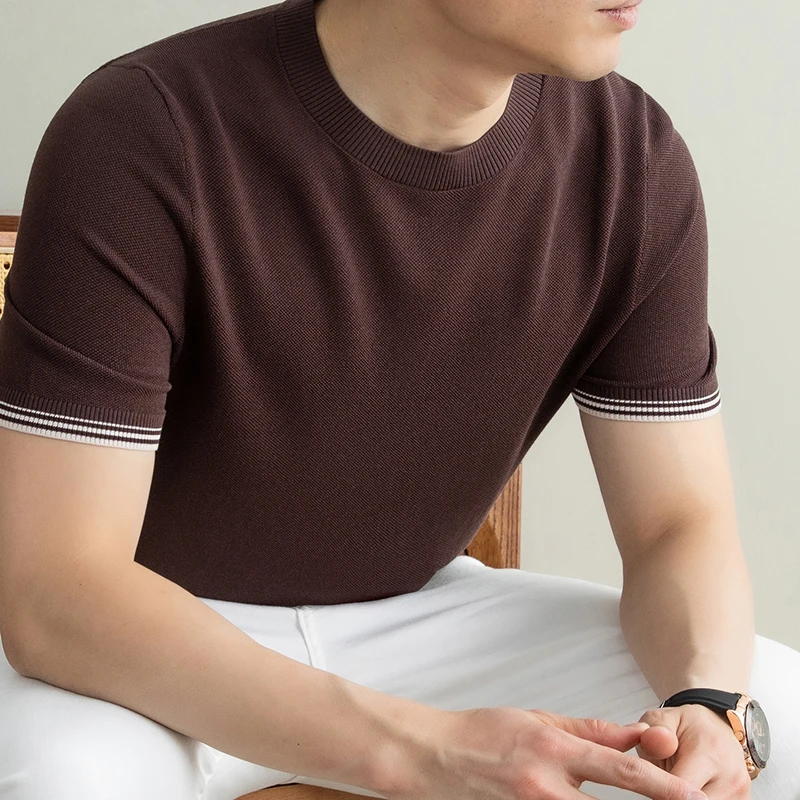 

High Quality Silk Linen Slim Knit Tops Men 2026 Summer Trendy Lyocell Knitting T-shirt Short Sleeve Breathable Knitwear Pullover