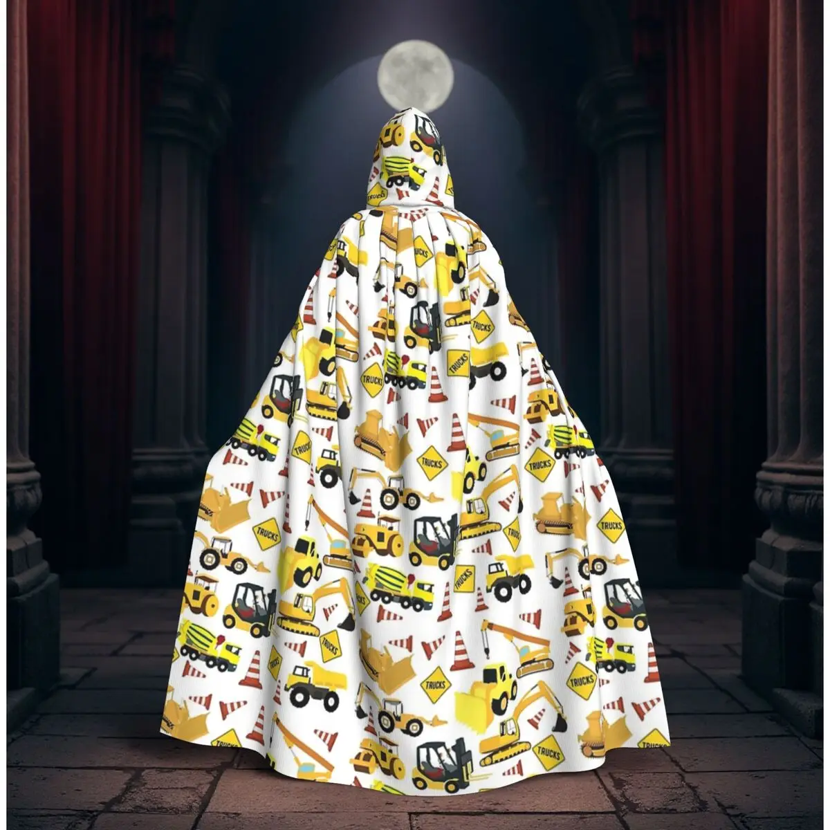 

Construction Trucks Pattern - Excavator, Dump Truck, Backhoe And More Long Hooded Cloak Witch Medieval Costume Cosplay Cape