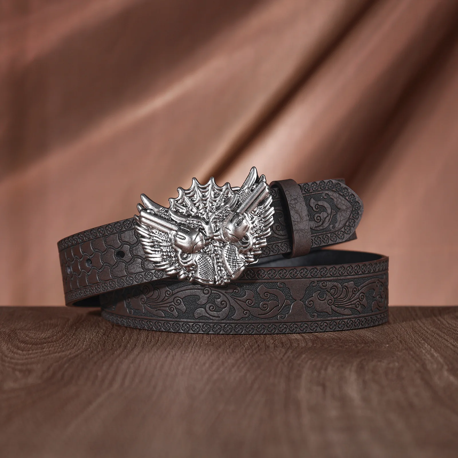 dragon-head-embossed-pattern-leather-pu-belt-continuous-border-floral-carving-craft-bold-dragon-head-metal-embellishment-stable