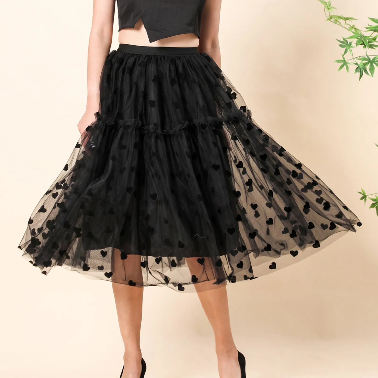 Women's High Waisted Flocked Love Pleated Gauze Skirt Elastic Belt High End Medium Long A Line Leisure Half Bodies Skirt