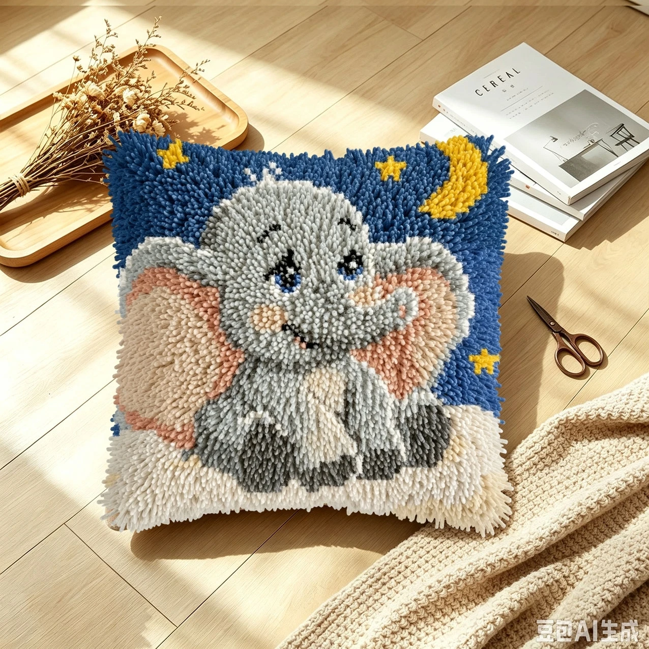 1 Set Mond-Elefanten-Knoten-Kissen-Set mit Häkelnadeln, Kissenbezug-Set für Handarbeiten, Häkelnadel-Sets, DIY, anfängerfreundlich, Stickerei – Detail 2