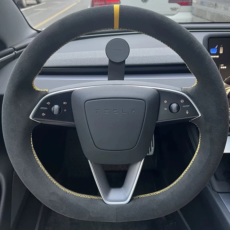 100% صالح ل تسلا موديلو 3 هايلاند 2024 2025 مخيط يدويا عدم الانزلاق جلد طبيعي أسود غطاء عجلة القيادة سيارة #2