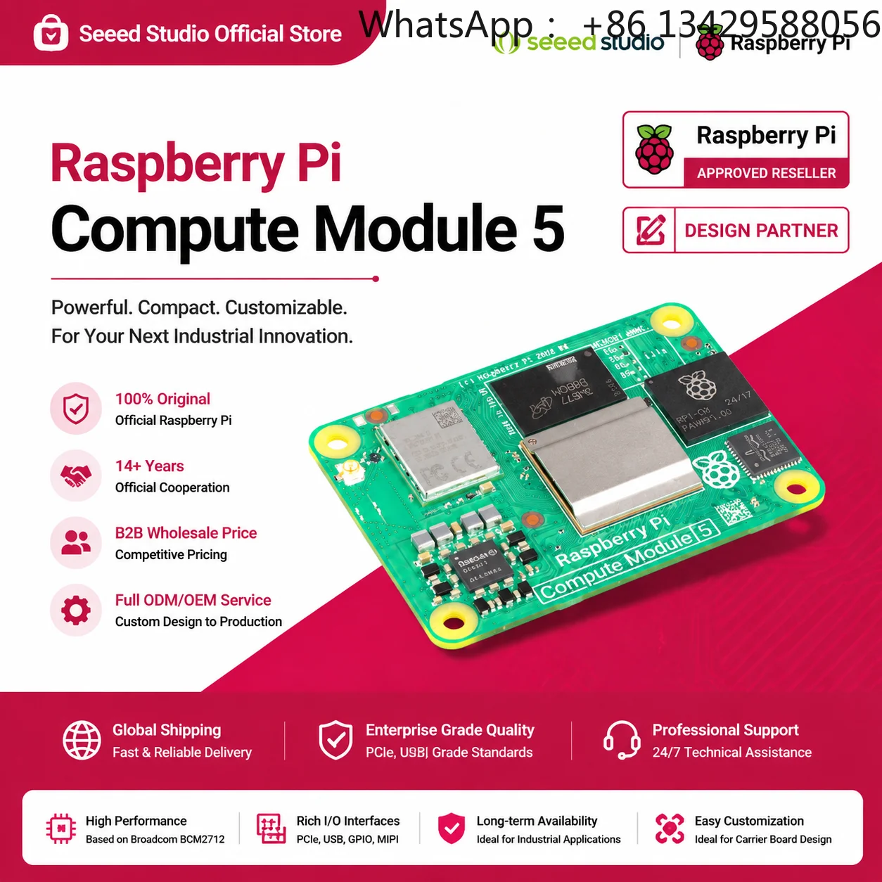 Official Raspberry Pi Compute Module 5-4GB RAM, 32GB EMMC, 2.4/5.0GHz Wi-Fi  5.0 (CM5104032) Package Linux OS CM5