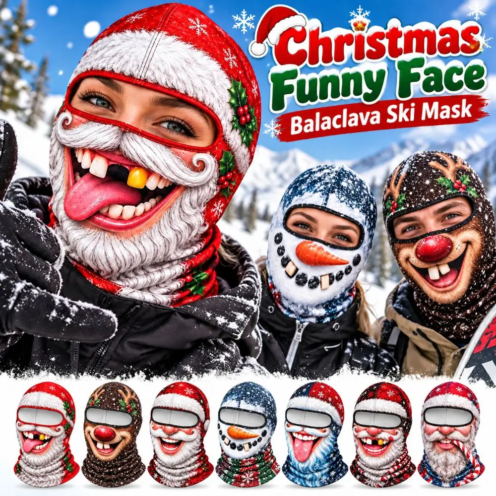 3D Printed Full Face Christmas Funny Ski Mask Full Coverage Breathable Eye Hole Winter Mask Cover Elastic Snowflake Pattern