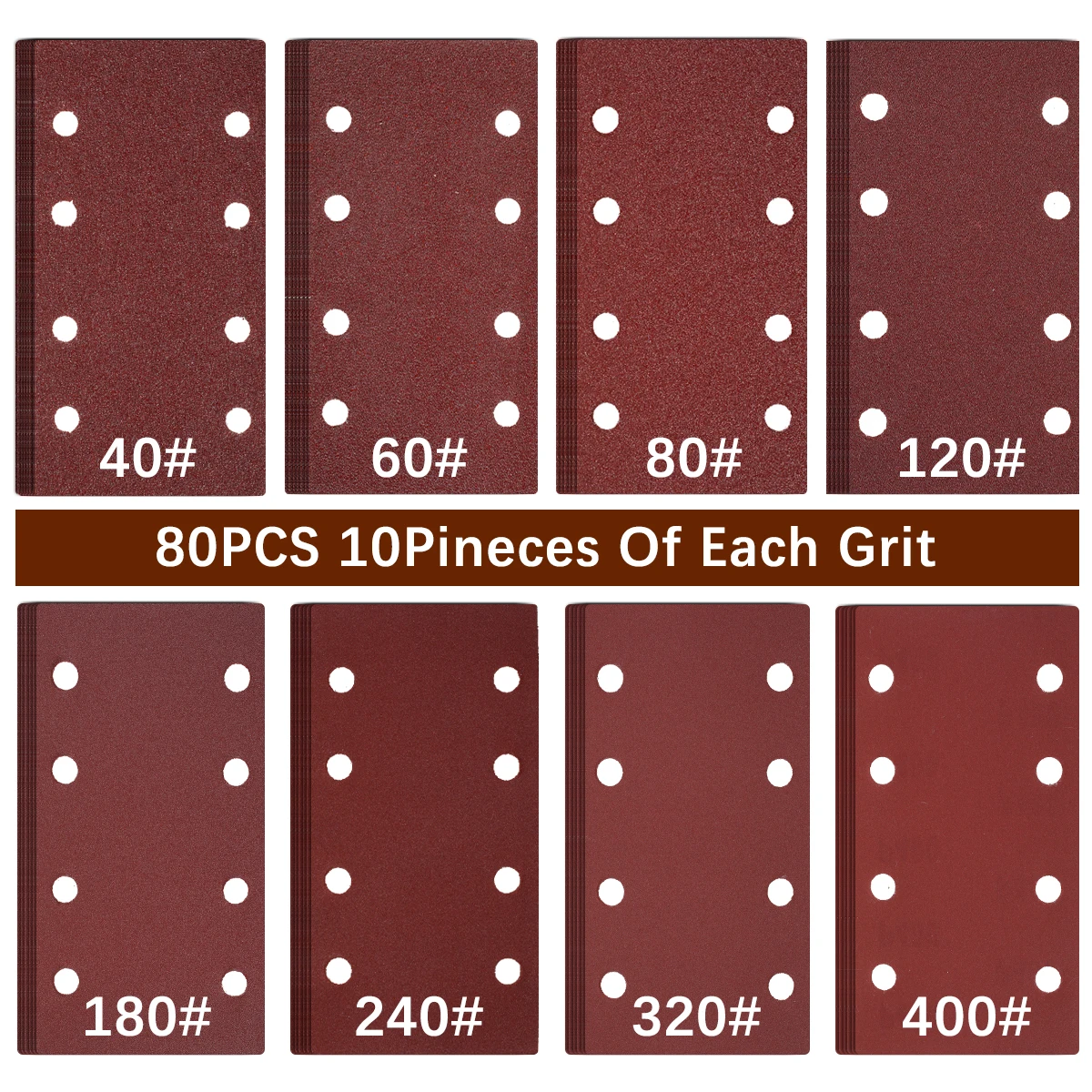 80Pcs Rectangular Sander Paper Aluminum Oxide Hook and Loop Sandpaper Anti-Static 8 Holes Sanding Pads 40-400 Grit Polishing Pad