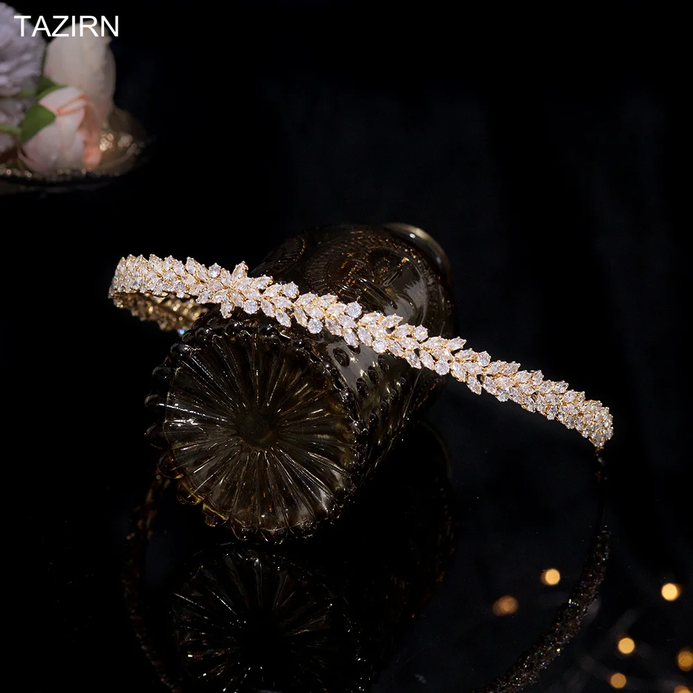 TAZIRN Fashion Zirconia Lengthened Wedding Bride Headband CZ Handmade African Arabic Bridal Hairband Evening Headpiece for Women