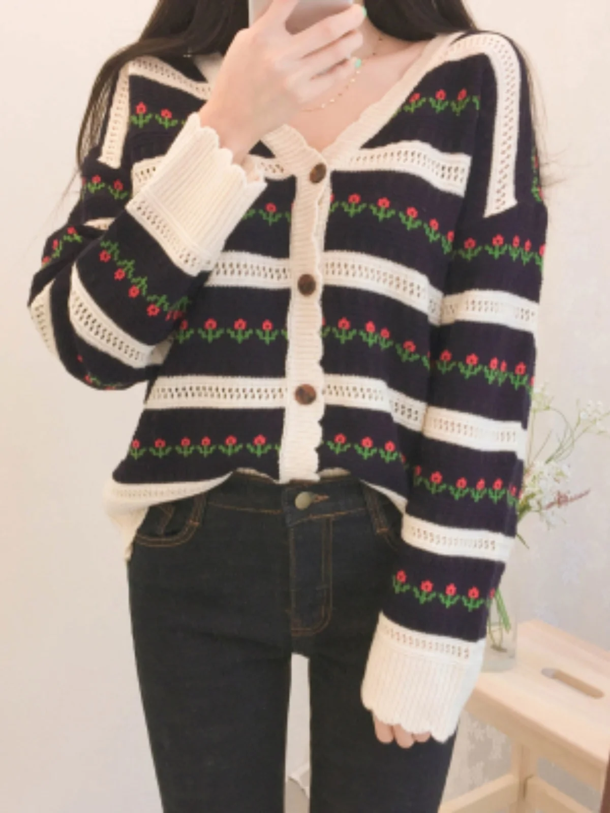 

Korean Stripe Vintage ort Knitted Sweater Women's Spring Autumn V-ne Loose Faionable Open Cardigan Long Sve Top