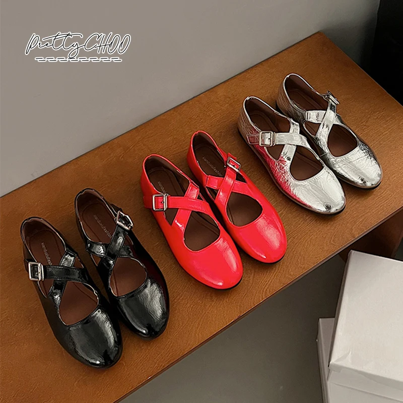 

Cross Strap Ballet Flats Woman Elegant Brand Design Red Mary Jane Shoes Ladies Glossy Pleats Leather Loafer Zapatos