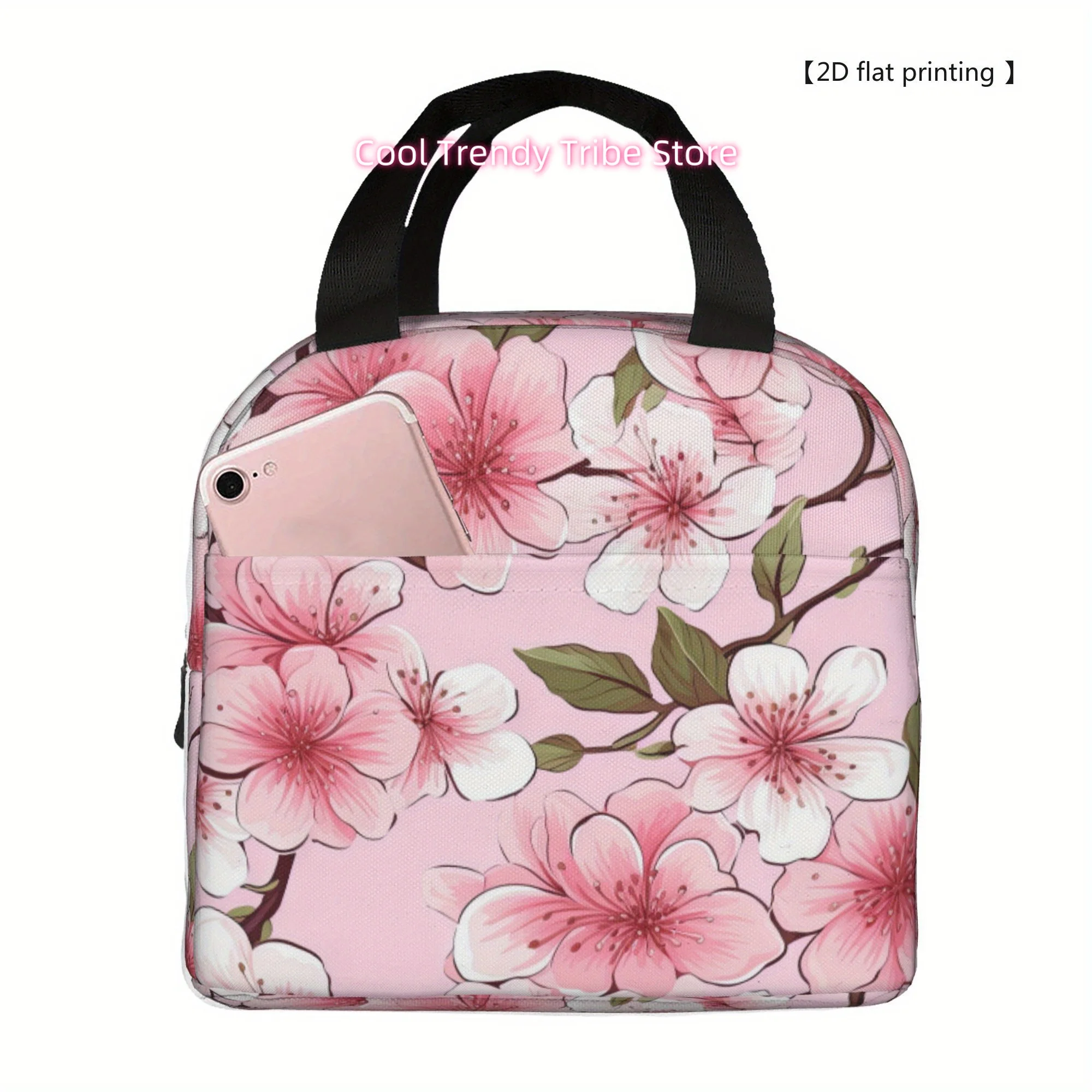 Pink Cherry Blossom Portable Reusable Cooling Bag, Lunch Box Bag, with a Handle, Essential for Camping And Beach Outings, Suitab
