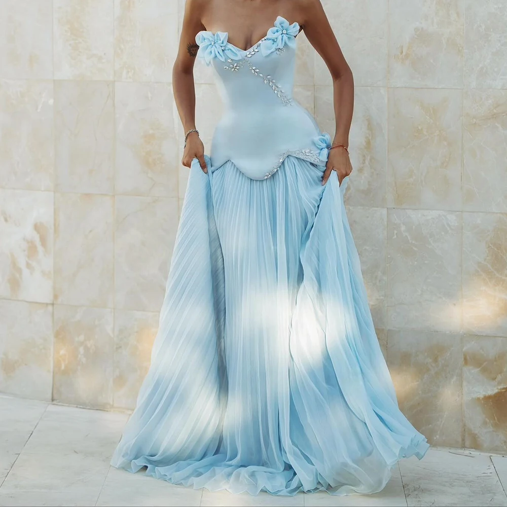 

Customized A-line Evening Dresses Floor-length Strapless Sleeveless Prom Gown Fashion Crystal Flowers Simple Draped Party Gown