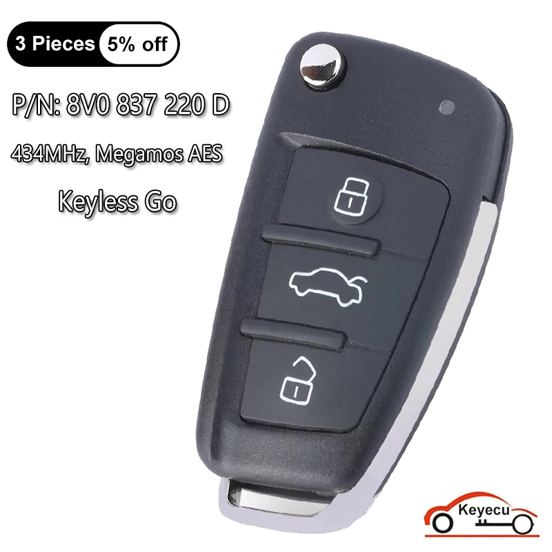 

KEYECU 3 Buttons 434MHz MQB Chip for Audi A3 S3 2012 2013 2014 2015 2016 2017 2018 Keyless Go Flip Remote Key Fob 8V0 837 220 D