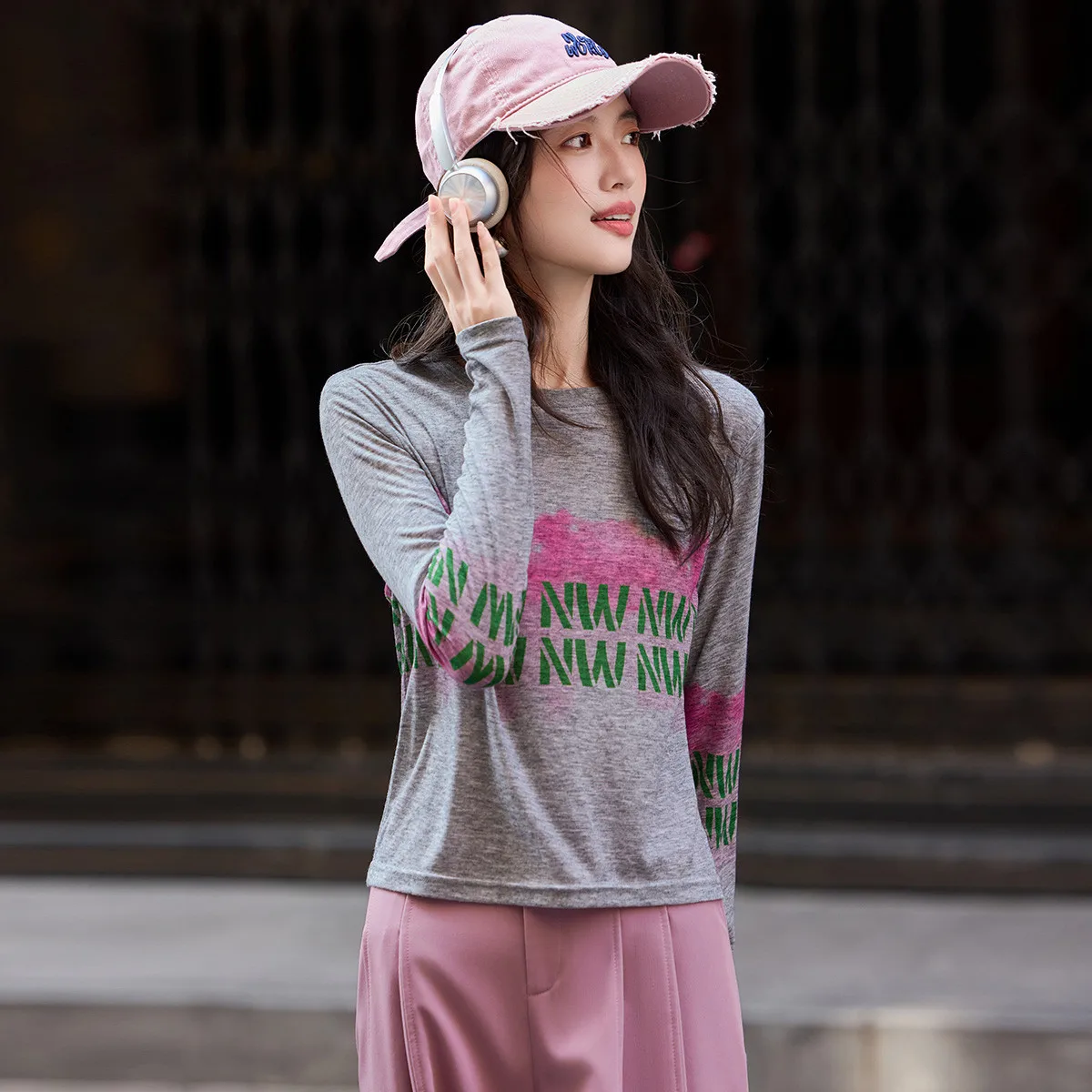 LOUISYAO Printed Letter Women's Long Sleeve T-Shirt 2026 Spring/Autumn Top Contrast Colours Casual Pullover Premium T-Shirts