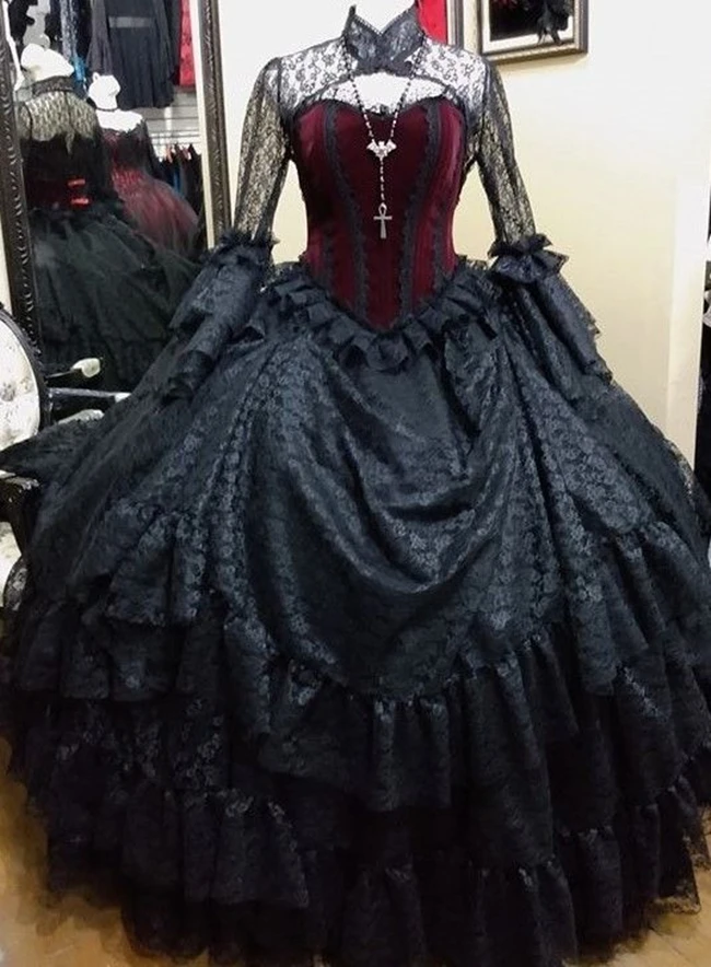 Vintage Black And Burgundy Victorian Wedding Dress Long Sleeves Corset Gothic Ball Gown High Neck Lace Tiered Bridal Dresses