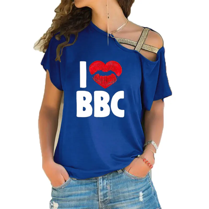 Women T-shirt Loose Slash Neck T Shirt Ladies Love BBC Lips Print T-shirt Summer Casual Irregular Skew Cross Bandage Tops