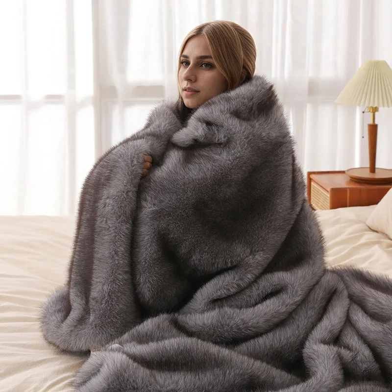 1Pc Luxury Faux Fox Plush Blanket Autumn and Winter Thick Warm Fluffy Sofa Blankets High-End Super Soft Fur Nap Quilt for Home
