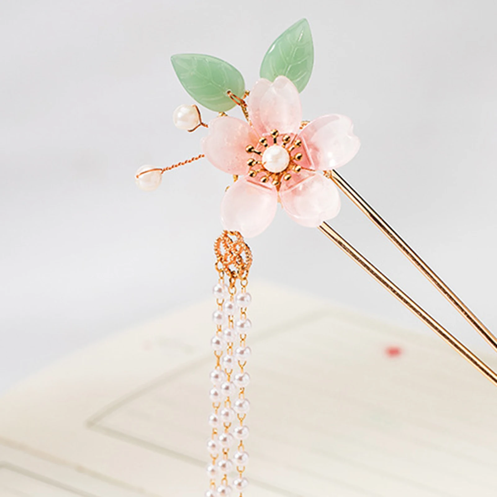 U Shaped Hair Sticks Forks Pink Flower Designs Long Tassel Pearls Hair Clips Elegant Step Shake Jewelry for Women and Girls