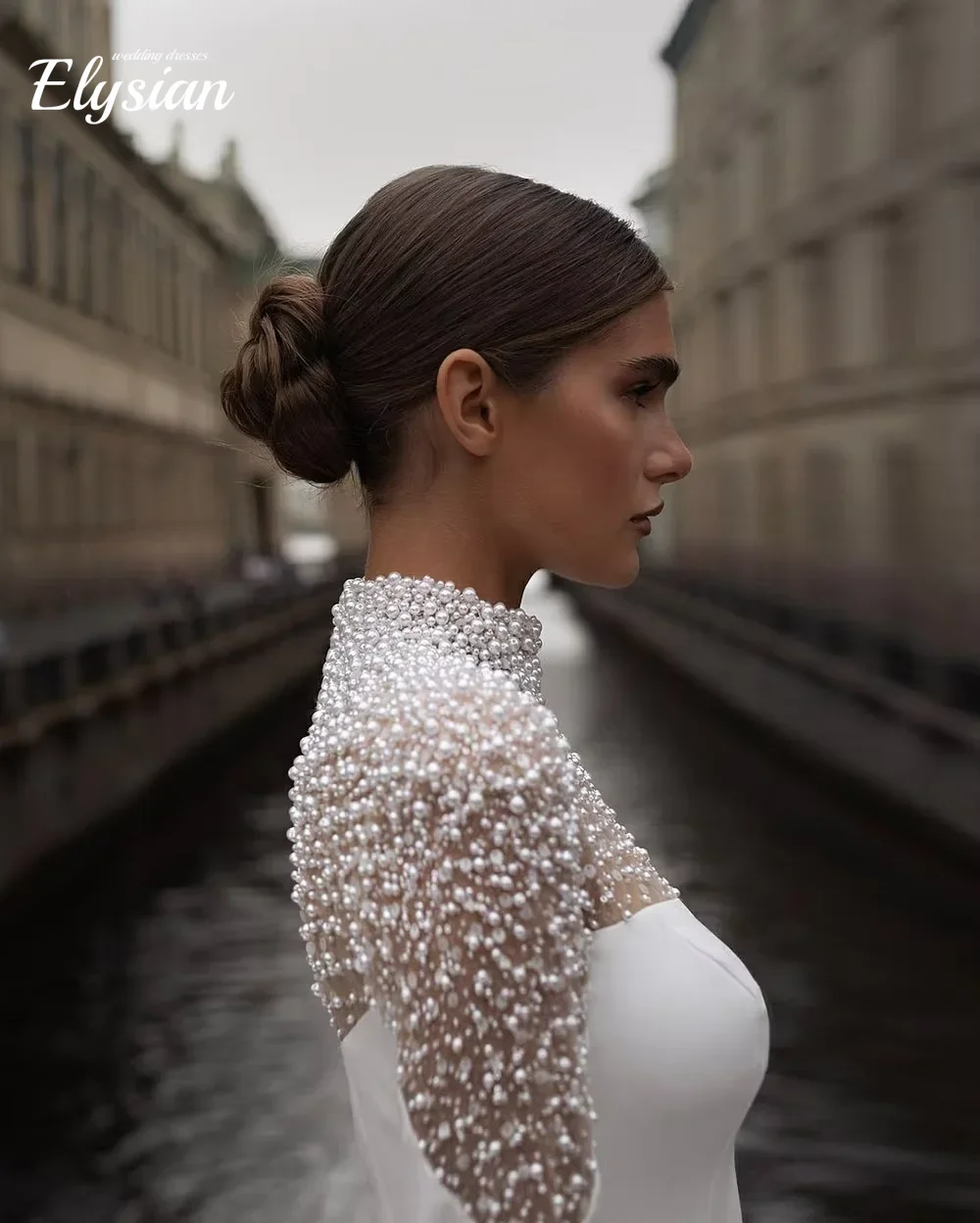 Customized Luxury High Neck Wedding Dresses Long Sleeve Pearls Beading Mermaid Bridal Dress Satin Women Brides Gown