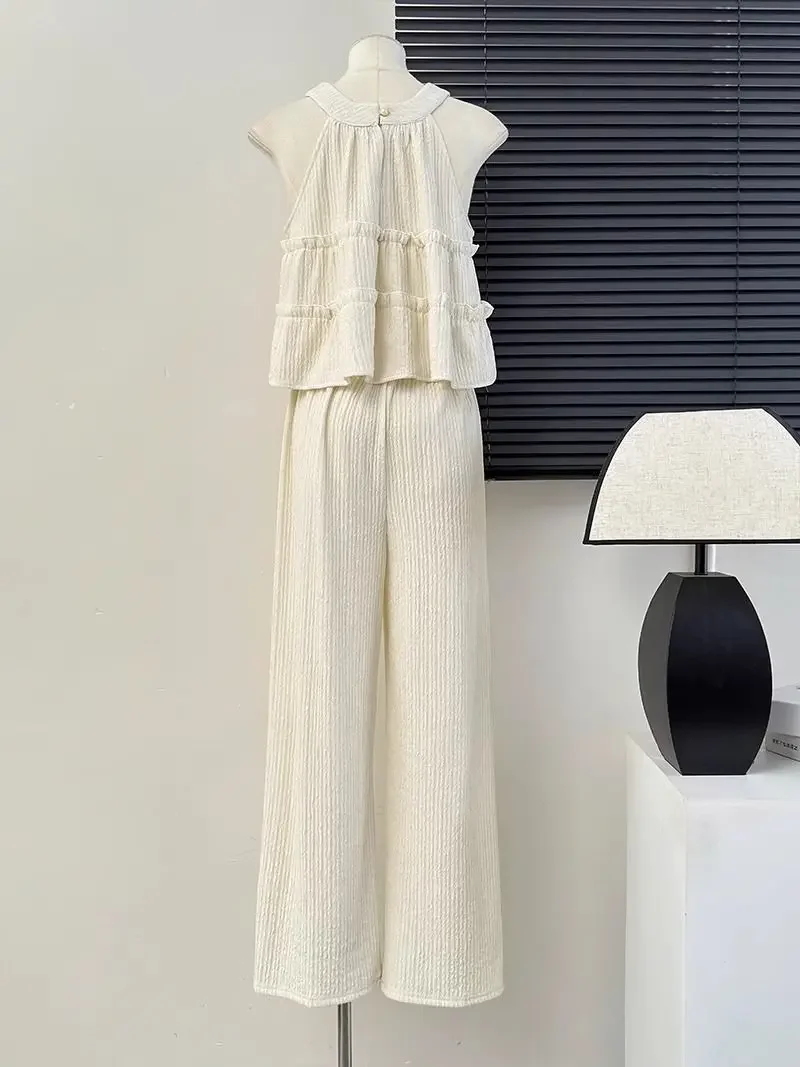 

Summer Sets Women O-neck Sleeveless Tops High Waist Loose Leisure Straight Pants Korean Style Temperament Tender Casual Ins 3XL