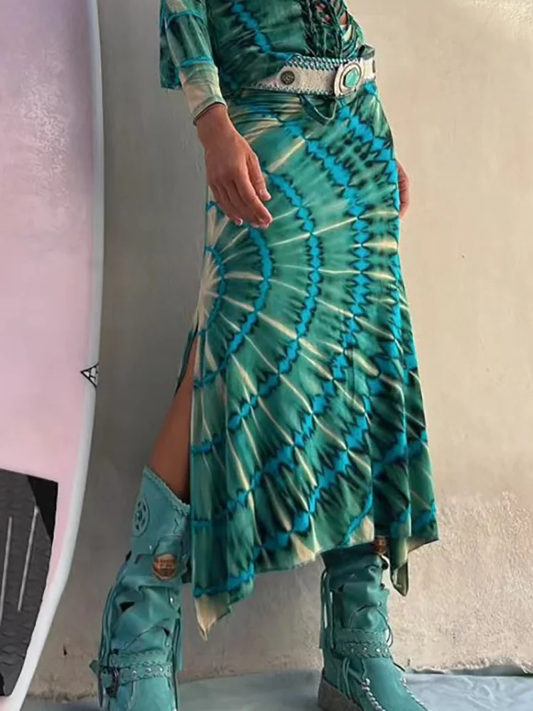 

Women Spring Summer Printing Patchwork Maxi Skirts, Loungewear Elastic Waist Fashion Skirts, Loose Split Elegant Ladies Skirts