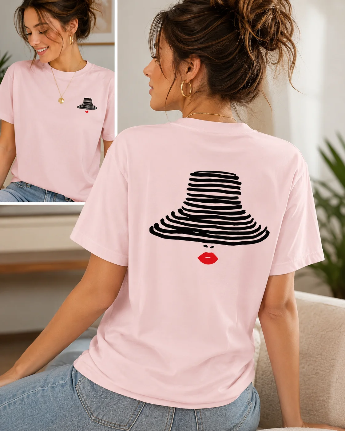Fashionable Red Lip Hat Printed T-shirt for Women Round Neck Short Sleeved Minimalist Art Pattern T-shirt Casual Top Shirt