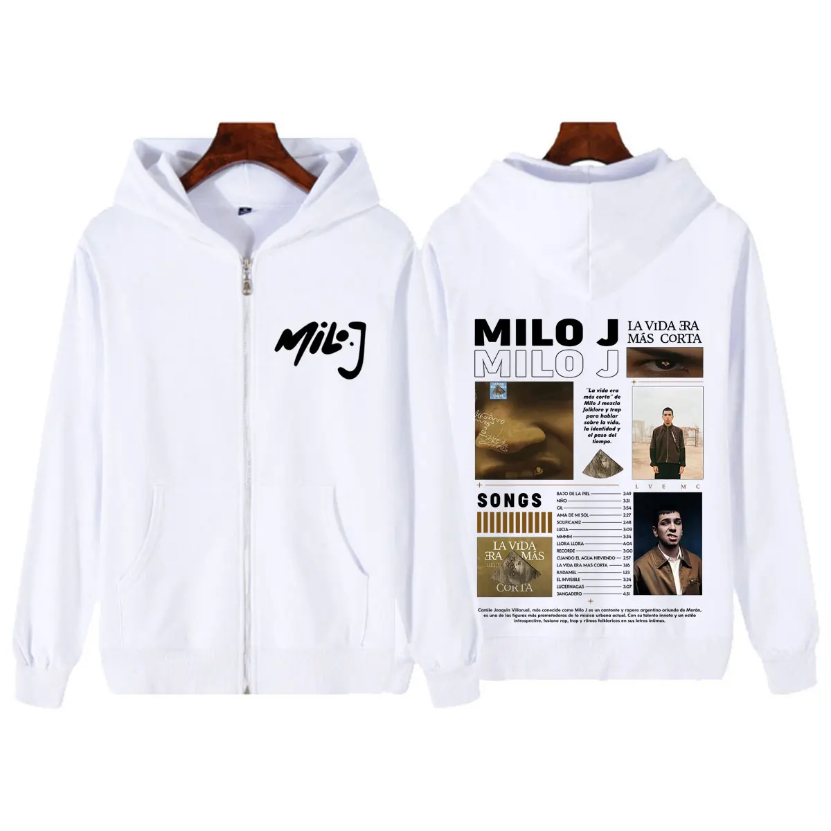 Moletom com Zíper Rapper Milo J La Vida Era Mas Corta Álbum 2026 Tour Merch Unissex Hip Hop Solto Casual Moda Jaquetas com Zíper