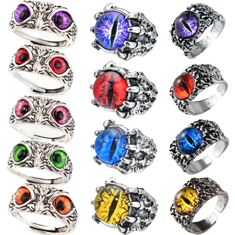 Punk Animal Eye Rings Men Retro Dragon Claw Evil Eyes Rings Devil Eyeball Snake Owl Crystal Finger Ring Hip Hop Jewelry Gifts