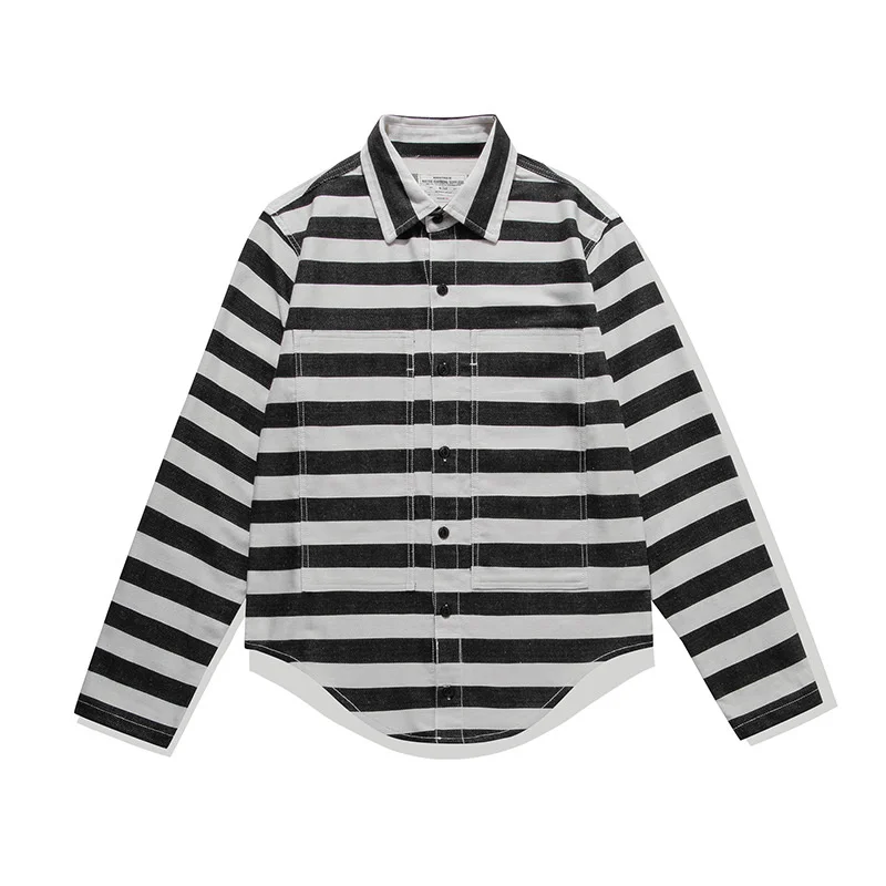 Spring Autumn Long Sleeve Shirt Men American Vintage Motorcycle Striped Male Military Casual Cotton Button