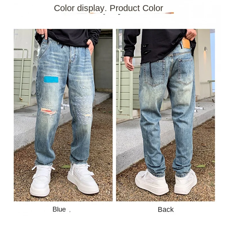 Fall new American style hole men's jeans loose tapered Harlan patch personality embroidery with tide pants men's pants