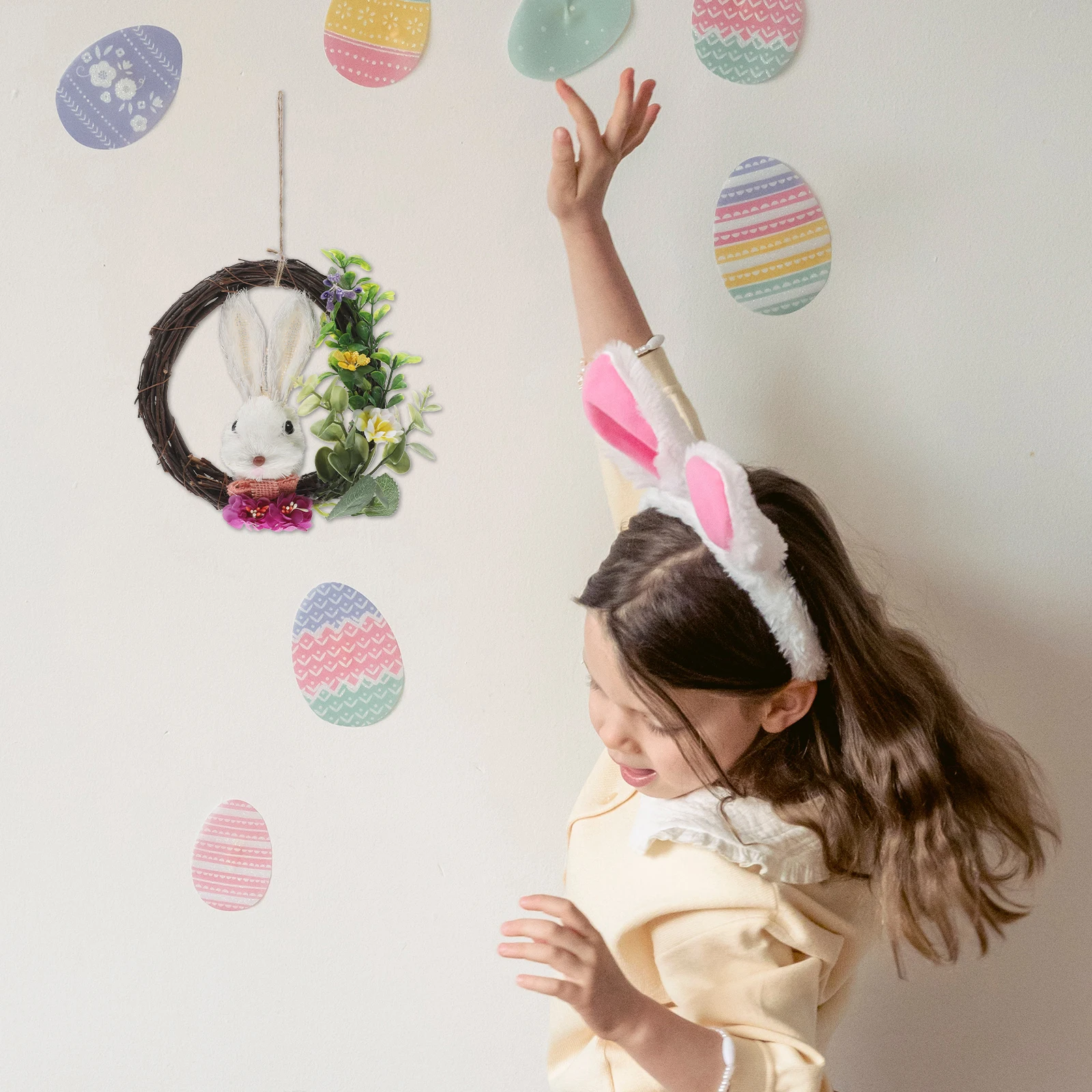 

Easter Bunny Rattan Wreath Artificial Flowers Spring Rabbit Grapevine Front Door Wall Hanging Decoration Woven Branch Wreath
