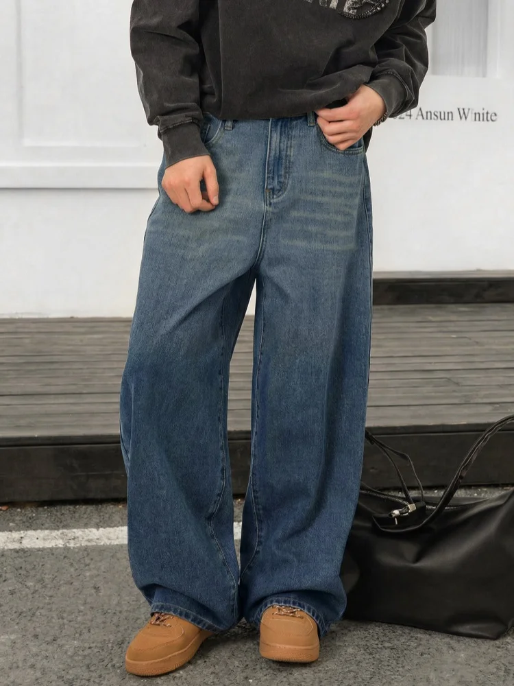 

American Vintage Fade Blue Distressed Washed Denim Trousers for Men Soft yet Durable Straight-Leg Versatile Casual Long Trousers