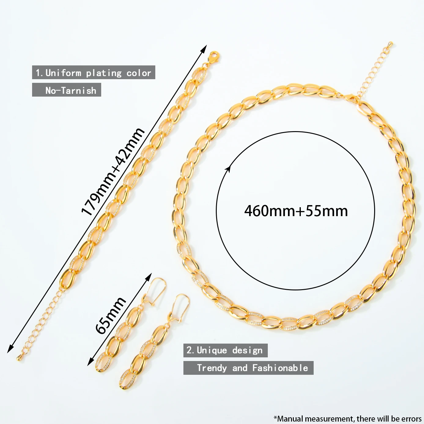 Dubai Mode Zirkonia Schmuckset 21k Vergoldet Nigeria Braut Hochzeit Halskette Armband Ohrringe Algerien Damen Party Schmuck – Detail 4