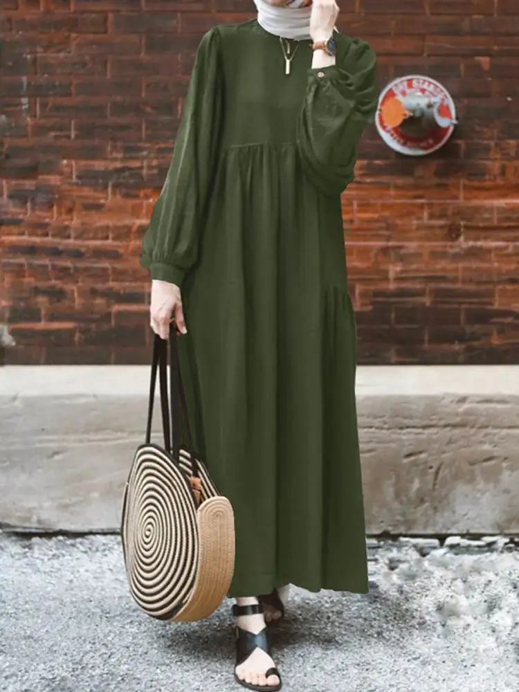 Vintage Maxi Dresses Muslim Fashion Dress Abaya ZANZEA Women Long Puff Sleeve Party Sundress Robe Turkey Hijab Vestidos Kaftan