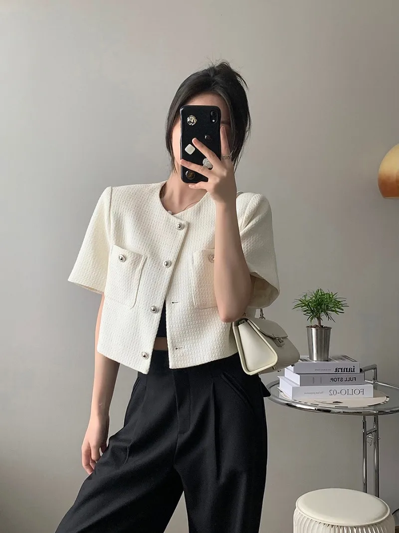 New Summer High End Casual Jacket Women Small Fragrance Short Sleeve O-neck Pockets Elegant Short Tops Korean Fashion Outwears