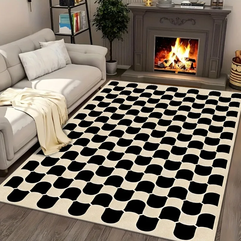 Modern Black Beige Checkered Area Rug Non-Slip Washable Soft Floor Mat Minimalist Geometric Carpet for Living Room Bedroom