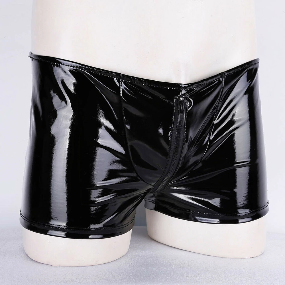 Mens Sexy Underwear PVC Zip Pouch Briefs Wet Look Boxer Trunks Boxers Man Shorts Backless Breathable Boxers And Underpants