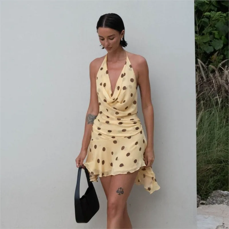 

Sexy Polka Dot Print Split Mini Dress Women Summer Fashion Slim Halter Neck Lace Up Backless Sleeveless Bodycon Party Dresses
