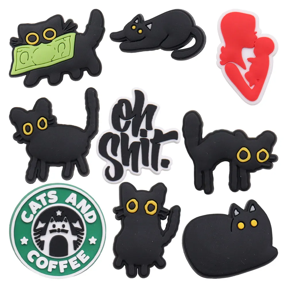 1-9PCS PVC Kawaii Animal Shoe Charms Fit Wristbands Black Cat Sandal Shoe Decoration Buckle Hole Slipper Accessories Xmas Gift