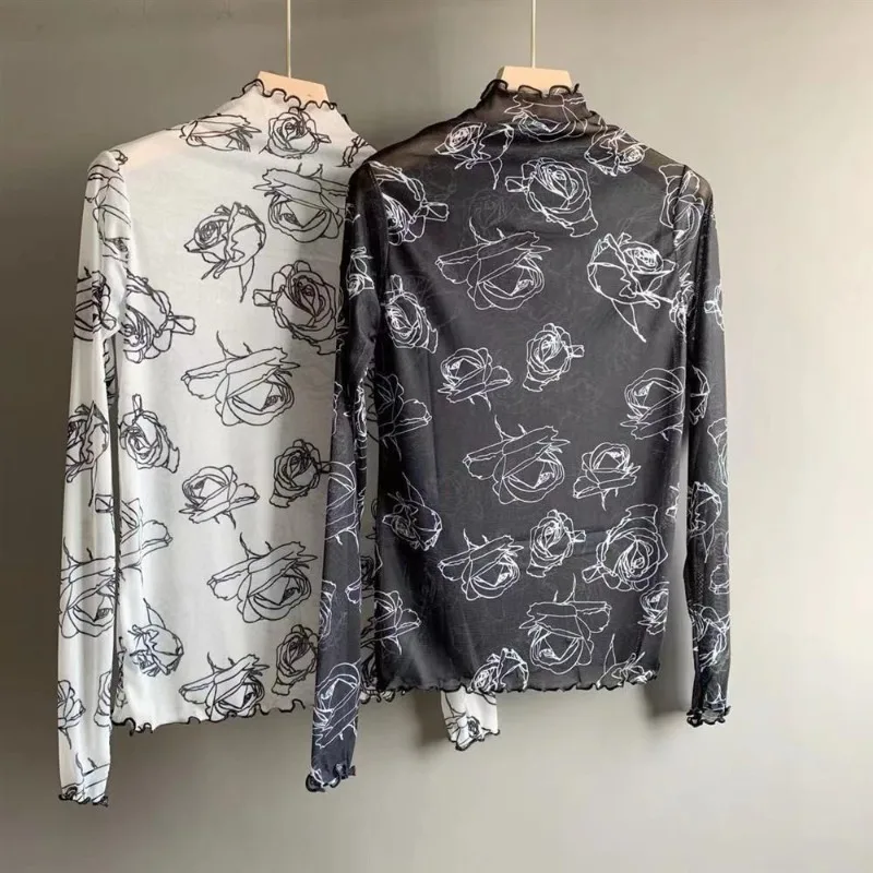 

Summer Fashion Sexy Printed Gauze Bottom Women's Thin Sand Turtleneck Long Sleeved All-match T-shirt New Pullover Ice Silk Tops