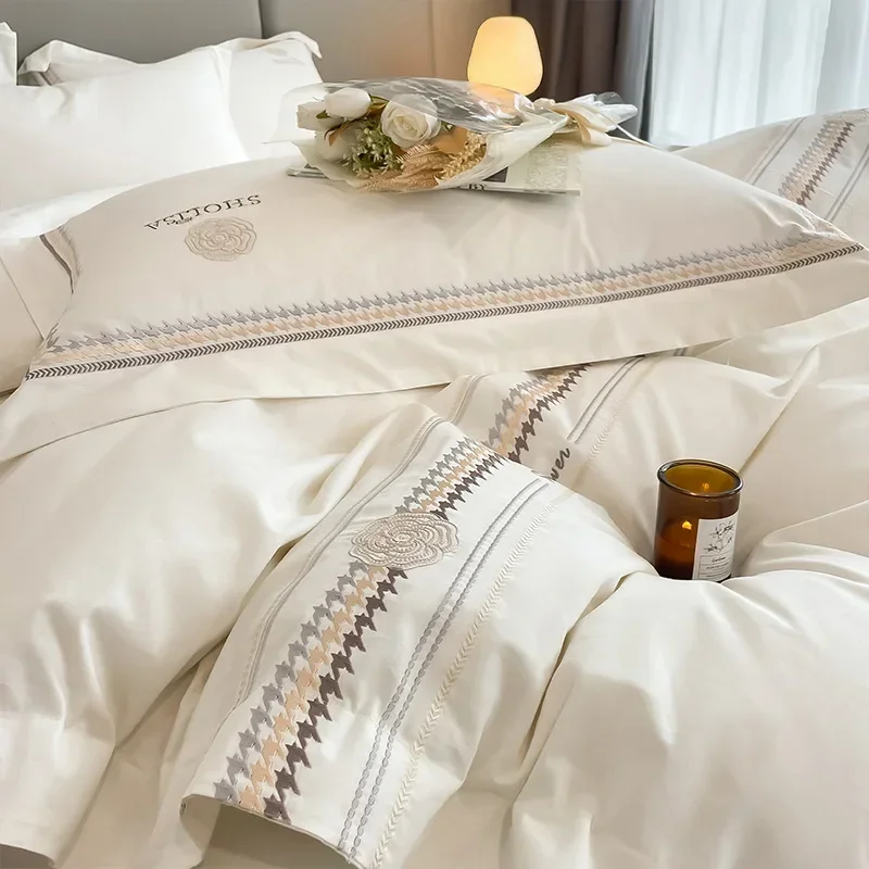 

Light Luxury Style 120 Thread Count Pure Cotton Four Piece Set Embroidered All Cotton Quilt Cover Premium Feeling Bed Sheet