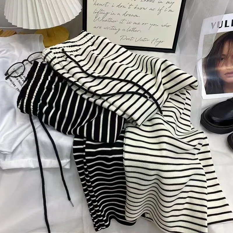 Serviette en soie glacée taille haute pantalon à jambes larges Dstring pantalon décontracté femme printemps été drapé rayé pantalons décontractés