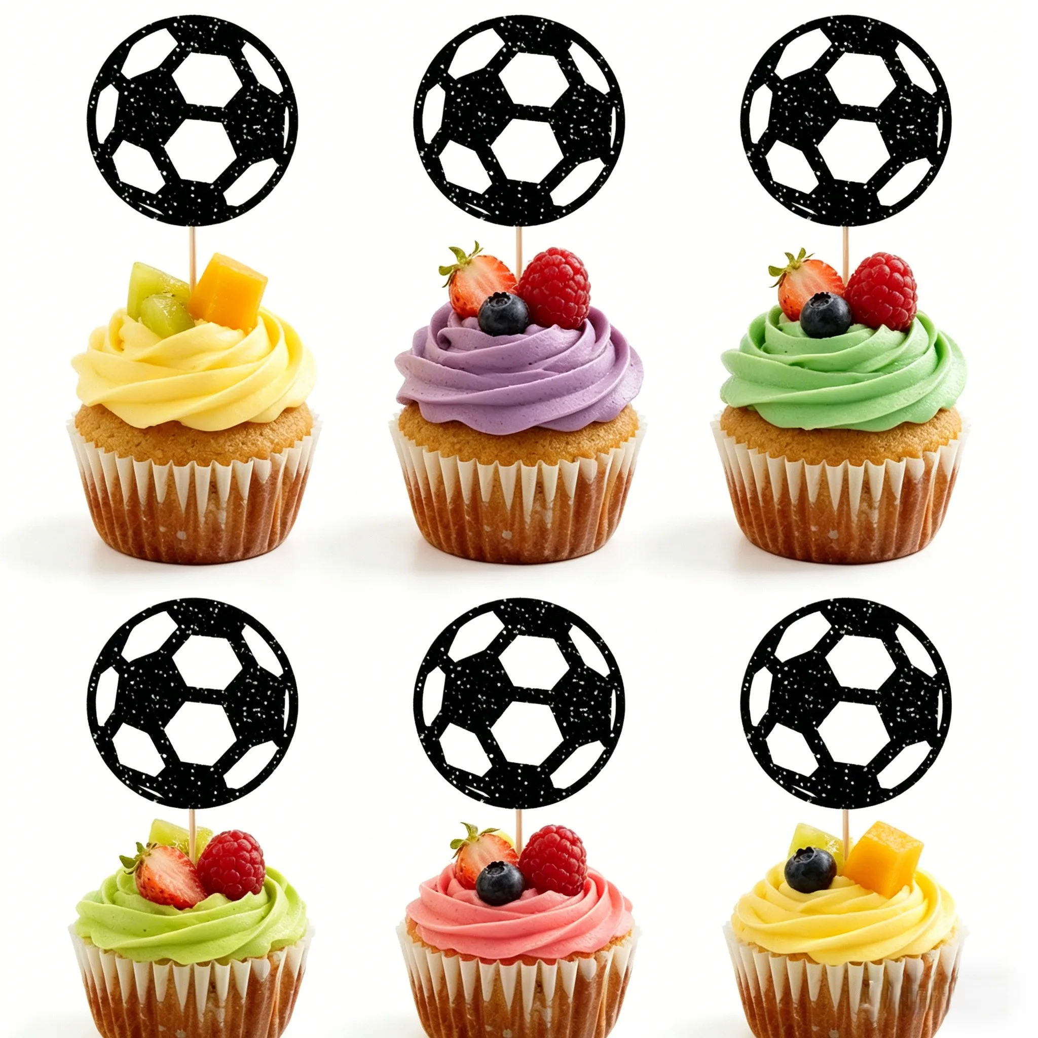 24 Black Glitter Soccer Ball Cupcake Inserts for Sports Themed Birthday Parties Football Match Celebrations and Home Decor