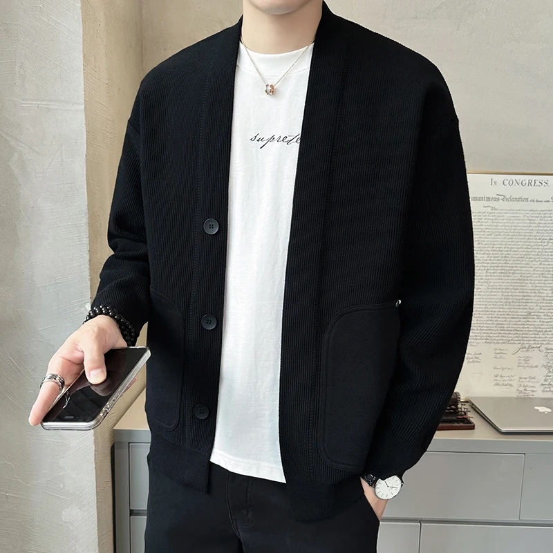 

Модный мужской вязаный свитер-кардиган в корейском стиле с V-образным вырезом, приталенный, с длинным рукавом, повседневная верхняя одежда для осени и зимы