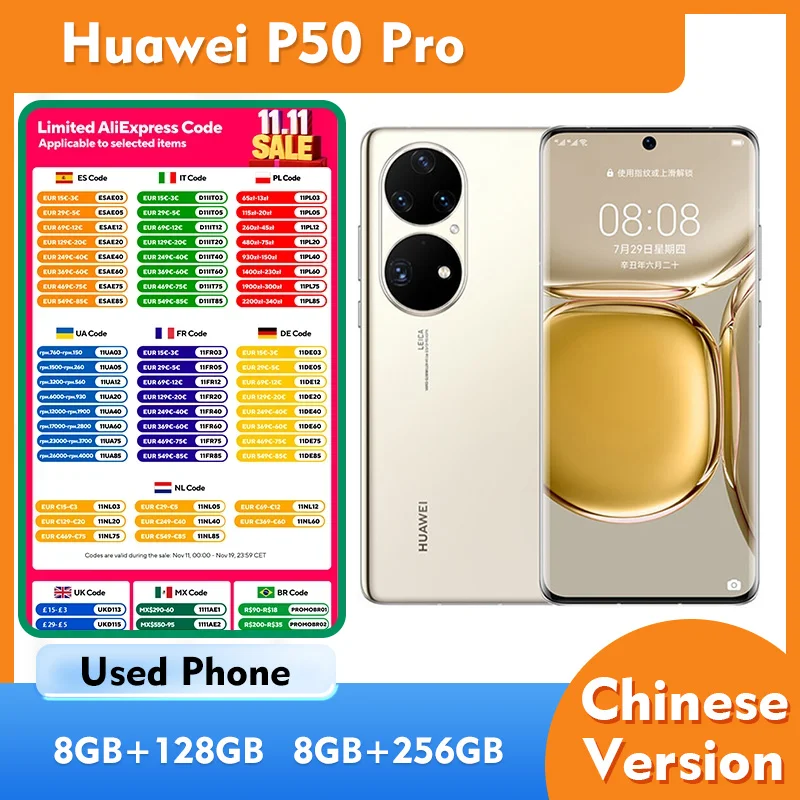 هاتف Huawei P50 Pro 4G 128GB 256GB ROM الذكي 6.6 بوصة 2700x1228px 4360mAh HarmonyOS CPU Snapdragon 888 هاتف مستعمل #1